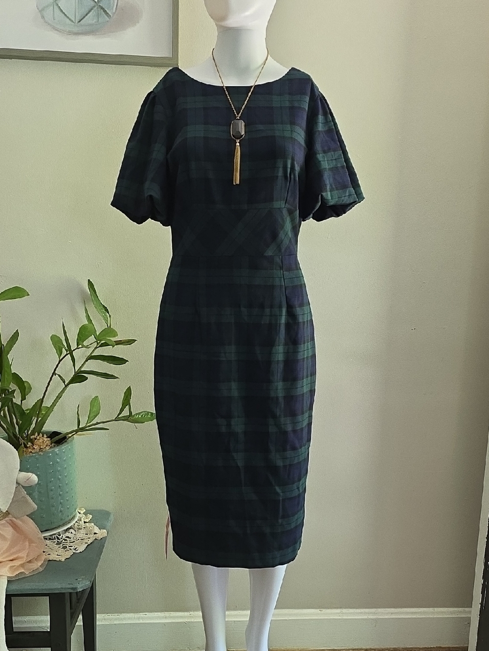 Green and Navy Plaid Midi Dress with Puff Sleeves
